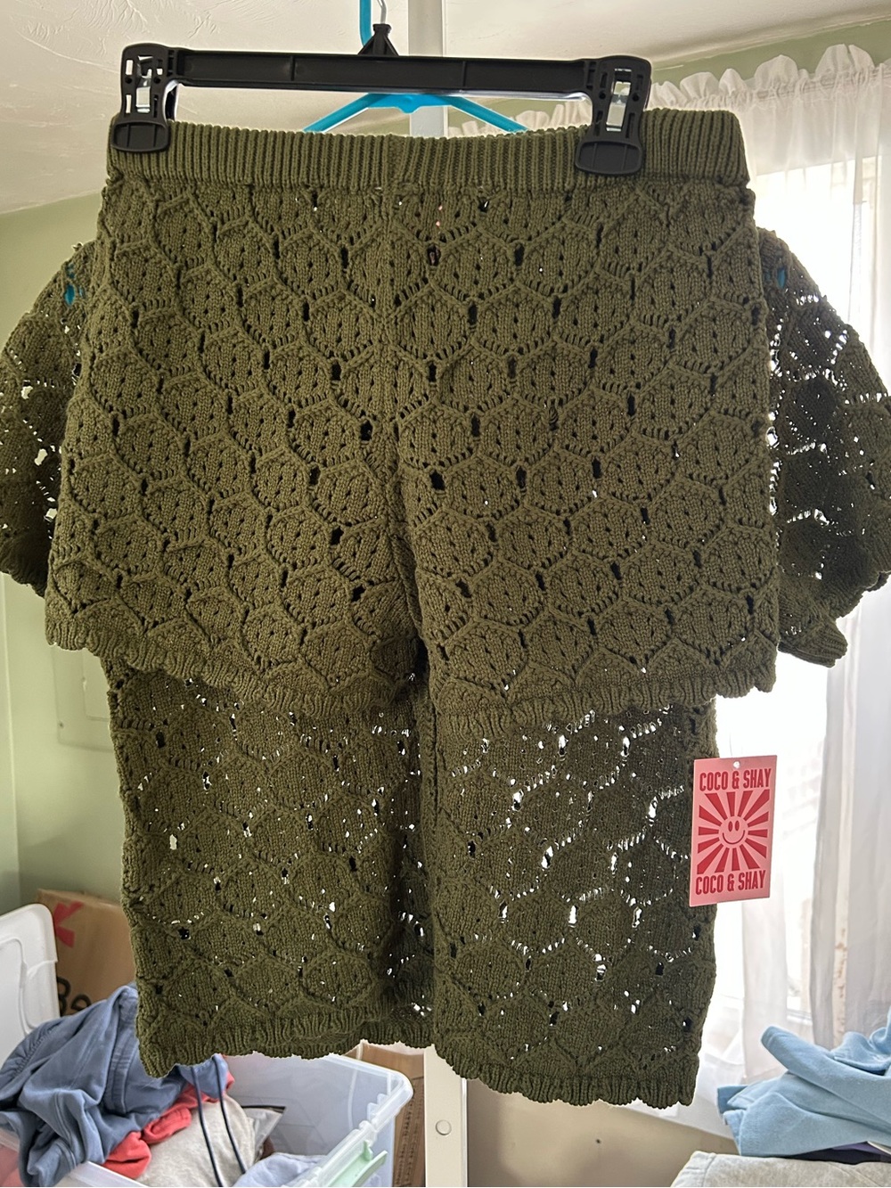 Coco & Shay Olive Green Crochet Knit Shorts Set